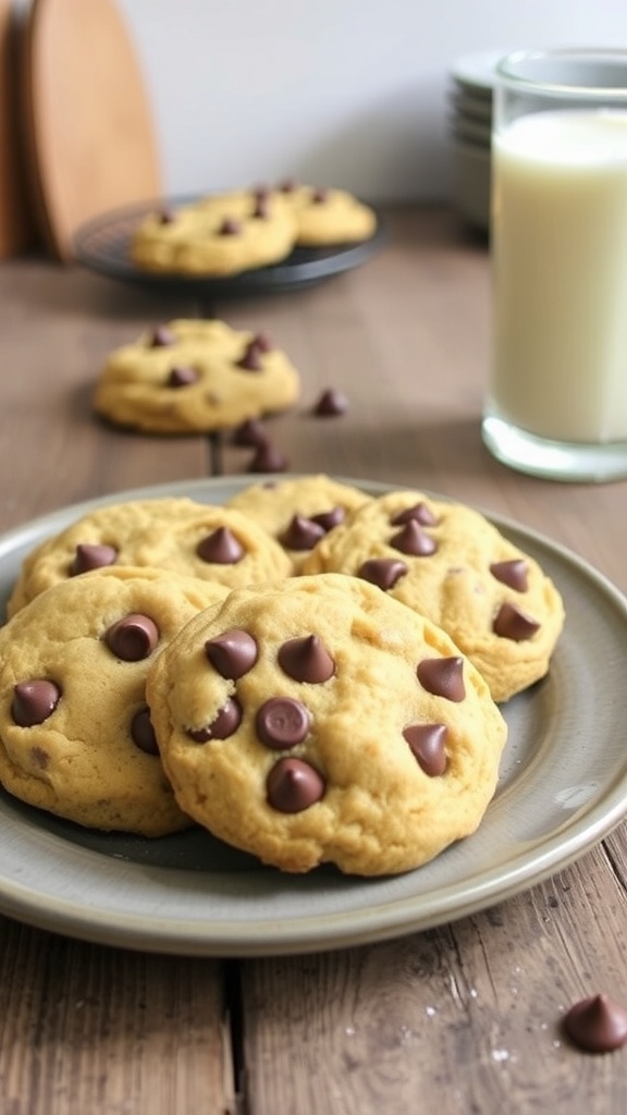 A plate of golden almond flour chocolate chip cookies with melted chocolate chips, next to a glass of milk on a wooden table.